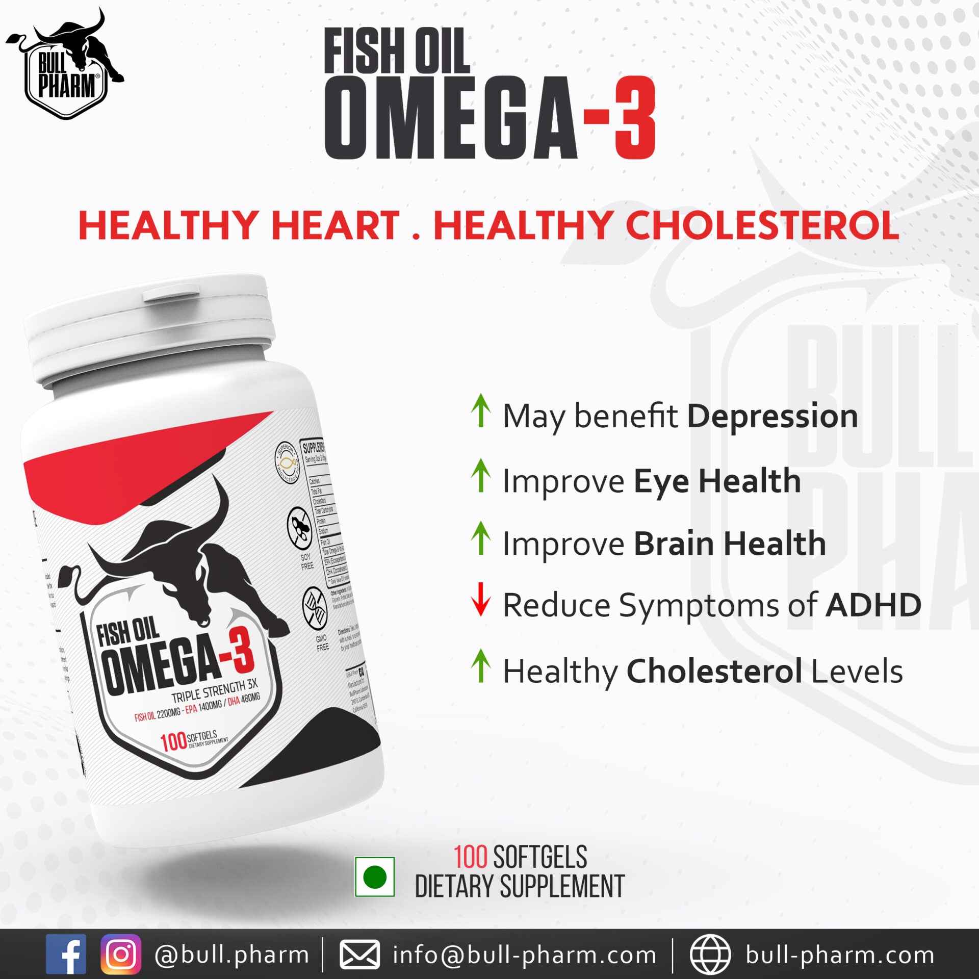 BullPharm Omega-3 Fish Oil Triple Strength 3X – 100 Softgels