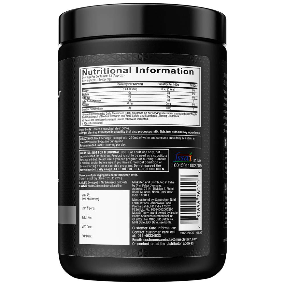 MUSCLETECH Platinum 100% Creatine - 250 gram Unflavoured – 83 Servings
