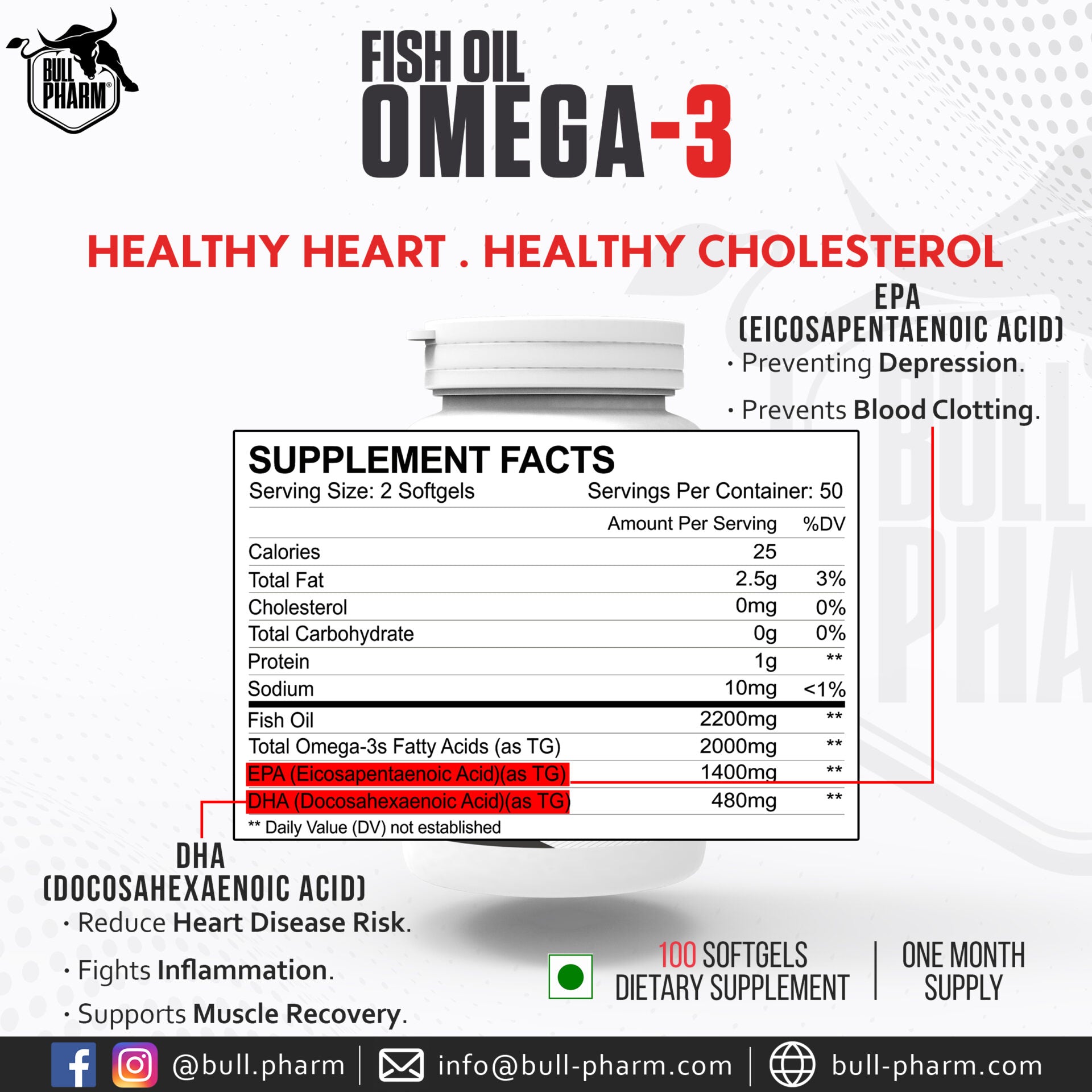 BullPharm Omega-3 Fish Oil Triple Strength 3X – 100 Softgels