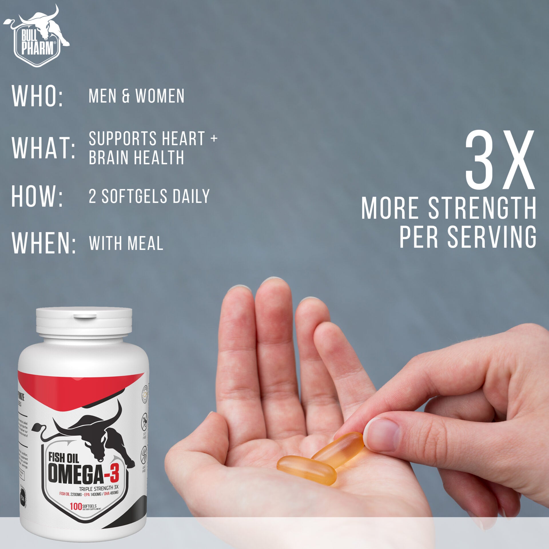 BullPharm Omega-3 Fish Oil Triple Strength 3X – 100 Softgels