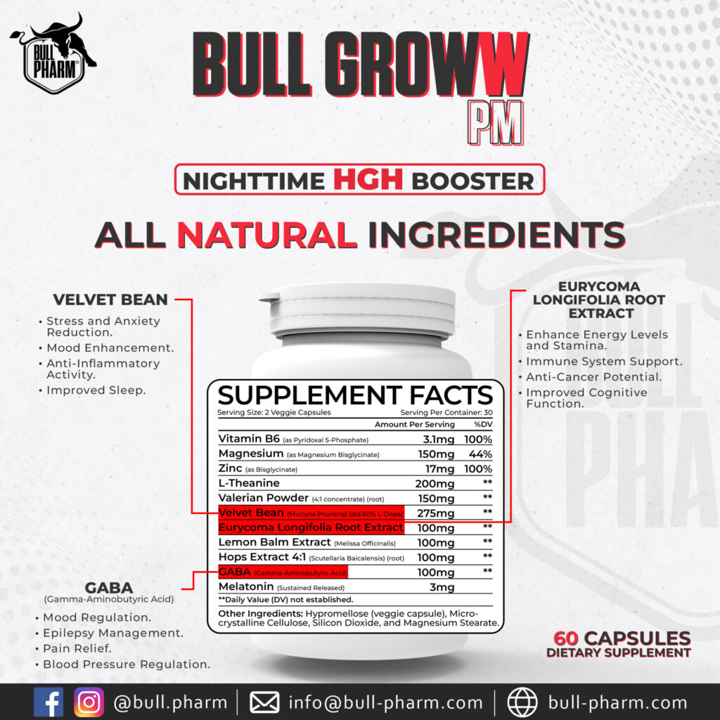 BullPharm Groww PM: Advanced HGH Support – 60 Capsules