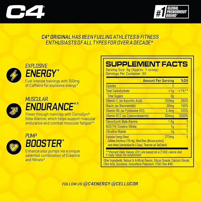 C4 Original Pre Workout – 150mg Caffeine, 60 Servings