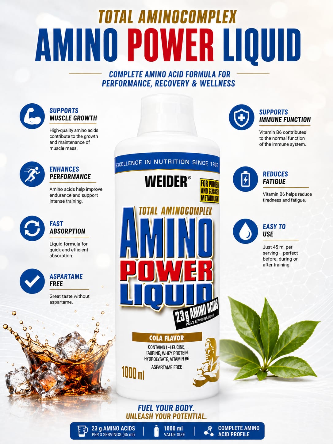 Weider Amino Power Liquid, 1 L 66 Servings (COLA FLAVOR)