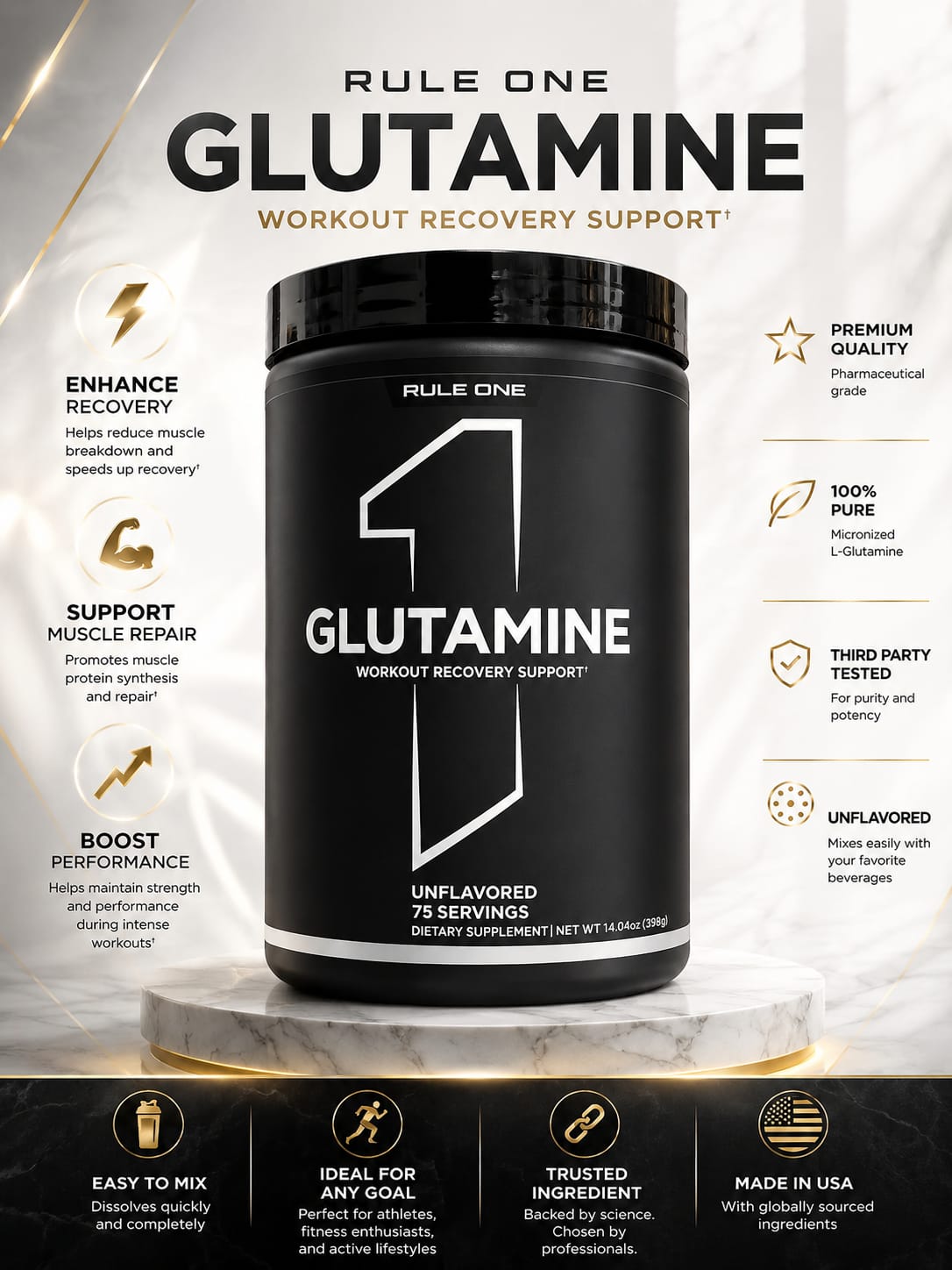 Rule1 GLUTAMINE Micronized Glutamine – 75 SERVINGS