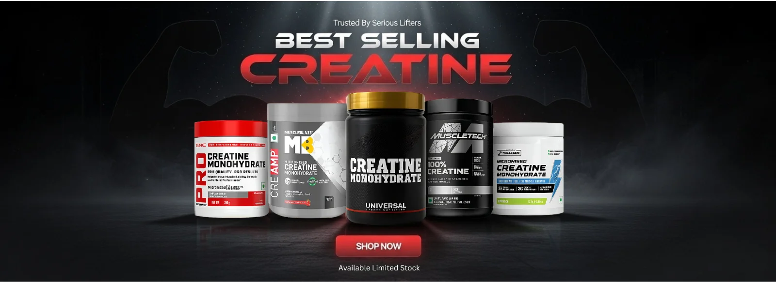 Best selling creatine monohydrate supplements including GNC Pro Creatine, MuscleBlaze Creatine, Universal Creatine and Muscletech 100% Creatine