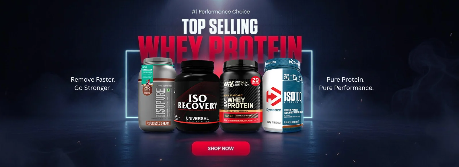 Top selling whey protein supplements including Optimum Nutrition Gold Standard, Dymatize ISO100, Universal ISO Recovery and Isopure protein